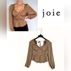 Joie XS Tan Satin Corset Top Puff Sleeve Cutout Tie-Back Romantic Date Night